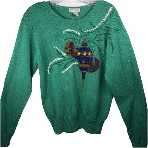 Vintage Lindsey Blake Christmas Sweater Embroidered Beaded Sz M Ornaments - Picture 1 of 12